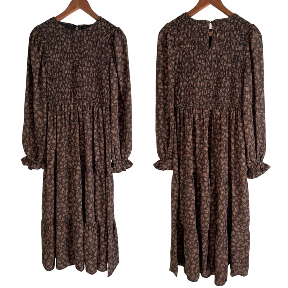 August Sky Ditsy Floral Smocked Maxi Dress Medium Brown Long Sleeves